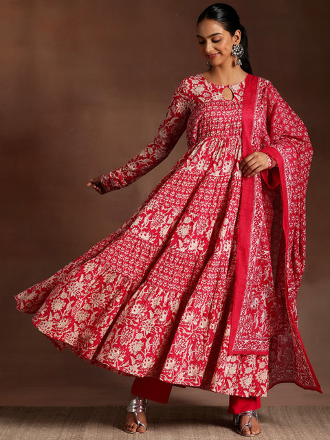 Libas Womens Pink Printed Cotton Anarkali Kurta With Trousers & Dupatta - Image 7