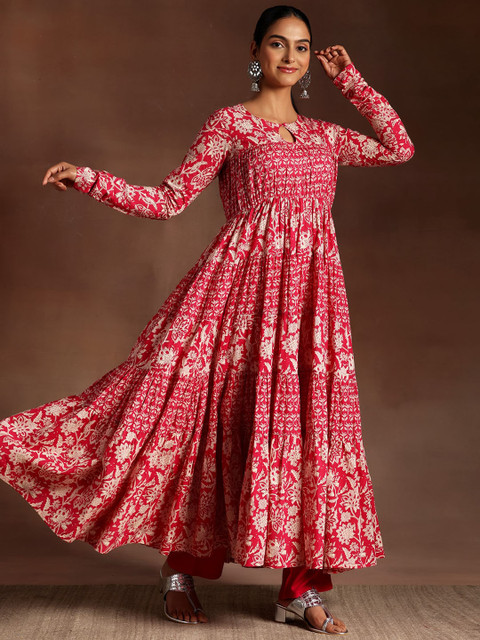 Libas Womens Pink Printed Cotton Anarkali Kurta With Trousers & Dupatta - Image 2
