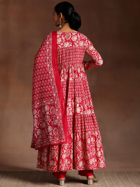 Libas Womens Pink Printed Cotton Anarkali Kurta With Trousers & Dupatta - Image 6