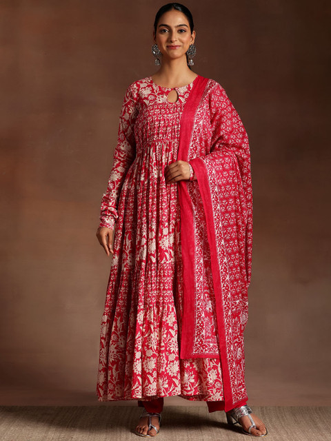 Libas Womens Pink Printed Cotton Anarkali Kurta With Trousers & Dupatta - Image 5