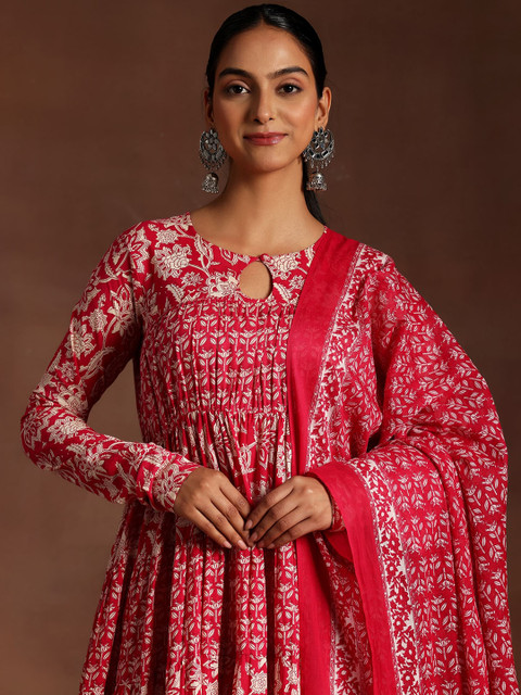 Libas Womens Pink Printed Cotton Anarkali Kurta With Trousers & Dupatta - Image 3