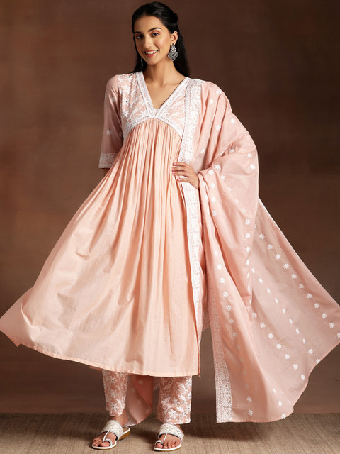 Libas Peach Ethnic Motifs Embroidered V-Neck Thread Work Pure Cotton A-Line Kurta Set