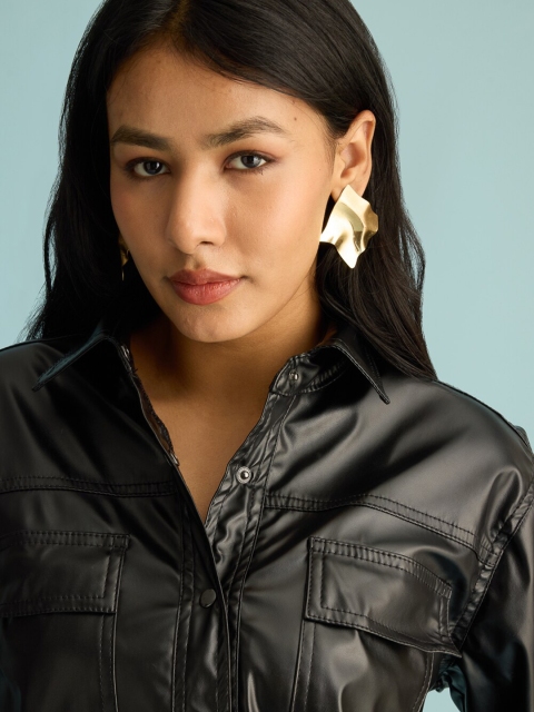 FREAKINS Black Shirt Collar Leather Jacket - Image 2