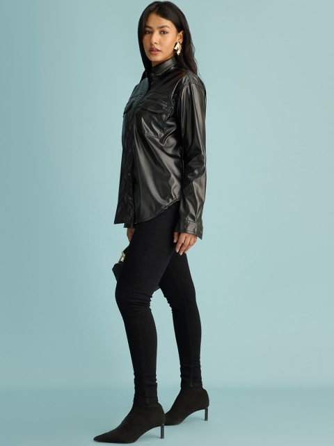 FREAKINS Black Shirt Collar Leather Jacket - Image 6