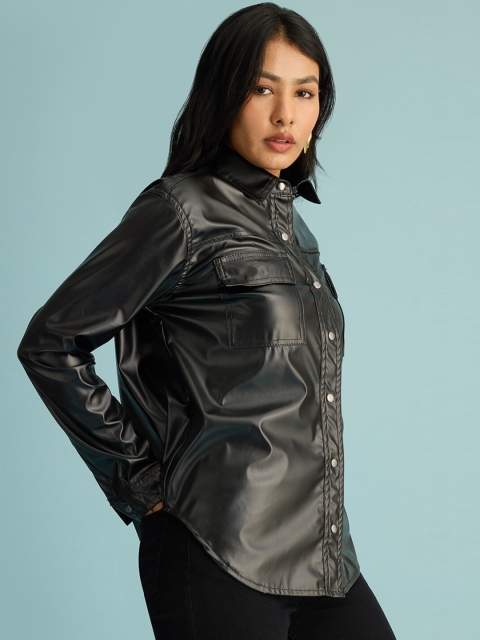 FREAKINS Black Shirt Collar Leather Jacket - Image 3