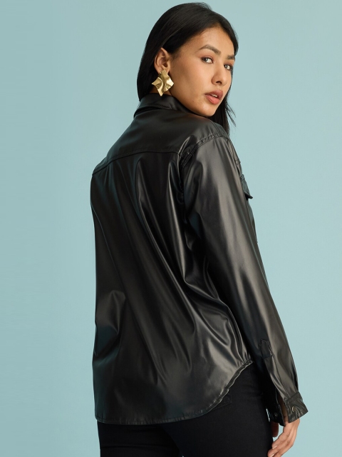 FREAKINS Black Shirt Collar Leather Jacket - Image 4