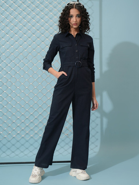 Tokyo Talkies Navy Blue Shirt Collar Cotton Basic Jumpsuit