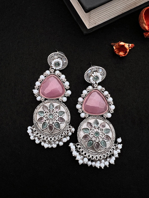 Sangria German Silver-Plated Stone-Studded & Beaded Drop Earrings