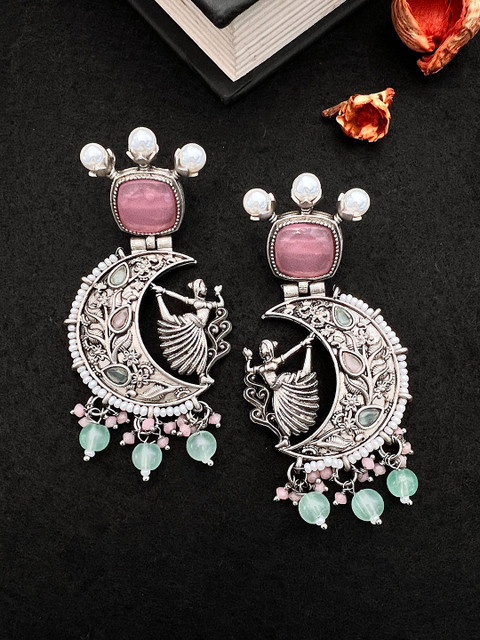 Sangria German Silver-Plated Stones-Studded & Beaded Oxidised Drop Earrings