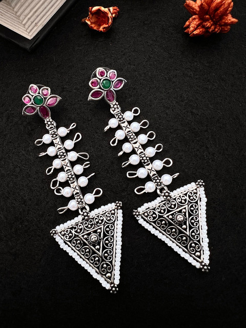 Sangria German Silver-Plated Stone-Studded & Beaded Drop Earrings