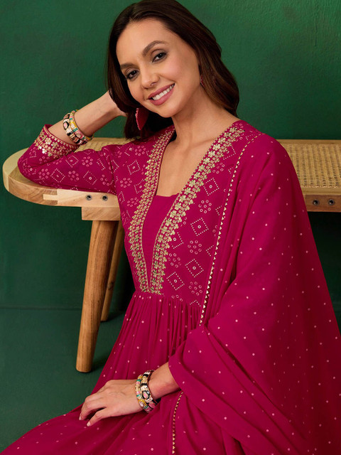 Sangria Embroidered Bandhani Printed V-Neck Anarkali Kurta With Trousers & Dupatta