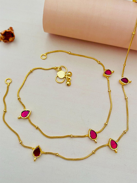 Anouk Set Of 2 Gold-Plated Kundan-Studded and Beaded Brass Anklet