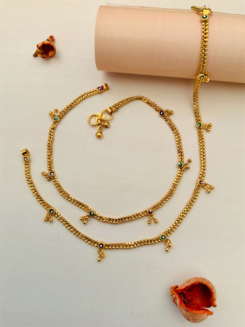 Anouk Set Of 2 Gold-Plated Stone-Studded and Beaded Brass Anklet