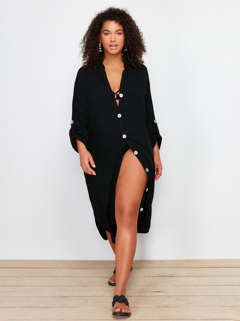 Trendyol Plus Size Mandarin Collar Roll-Up Sleeves Midi A-Line Dress