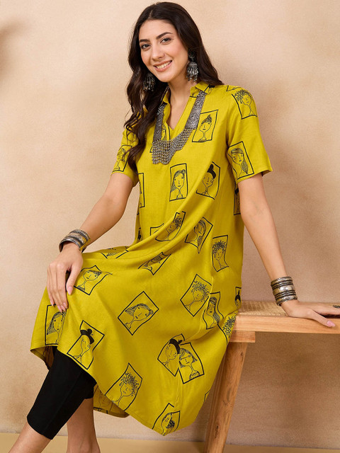 Anouk Mustard Yellow Ethnic Motifs Printed Shirt Collar A-Line Kurta