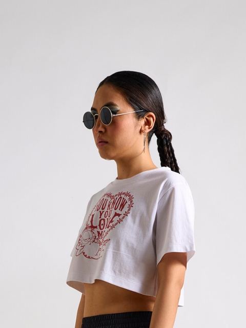 THE CLOTHING FACTORY Typography Garfield Printed Cotton Applique Oversized Crop T-shirt - Image 3