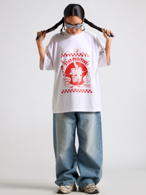 THE CLOTHING FACTORY Typography Spongebob Printed Round Neck Oversized T-shirt