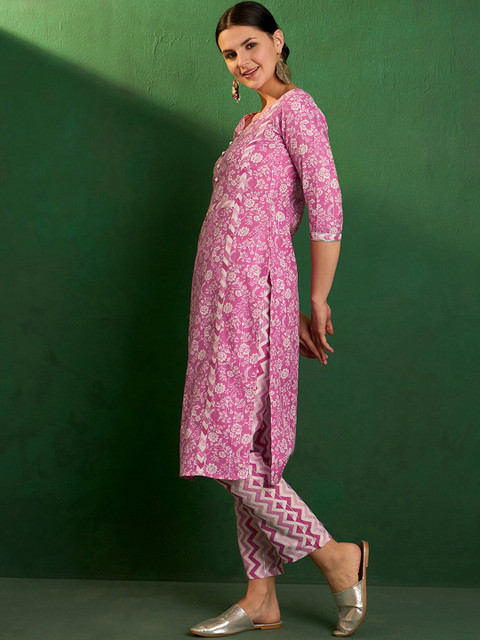 Sangria Floral Printed Round Neck Cotton Straight Kurta With Trousers - Image 4