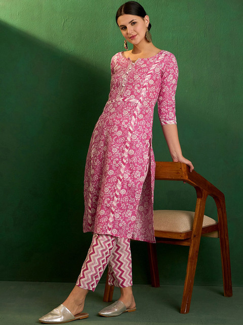 Sangria Floral Printed Round Neck Cotton Straight Kurta With Trousers - Image 6