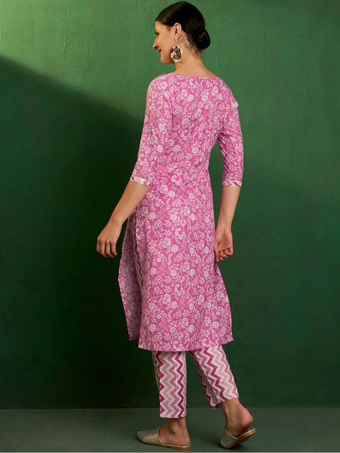 Sangria Floral Printed Round Neck Cotton Straight Kurta With Trousers - Image 5