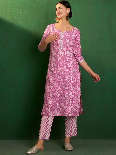 Sangria Floral Printed Round Neck Cotton Straight Kurta With Trousers - Image 2