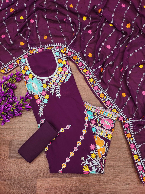 KALINI Ethnic Motifs Embroidered Silk Georgette Sequinned Unstitched Dress Material - Image 2