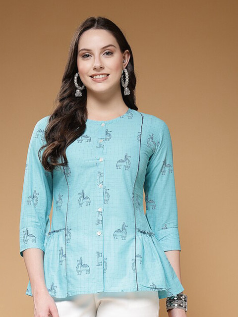 Indibelle Floral Printed Round Neck Cotton A-Line Top - Image 2