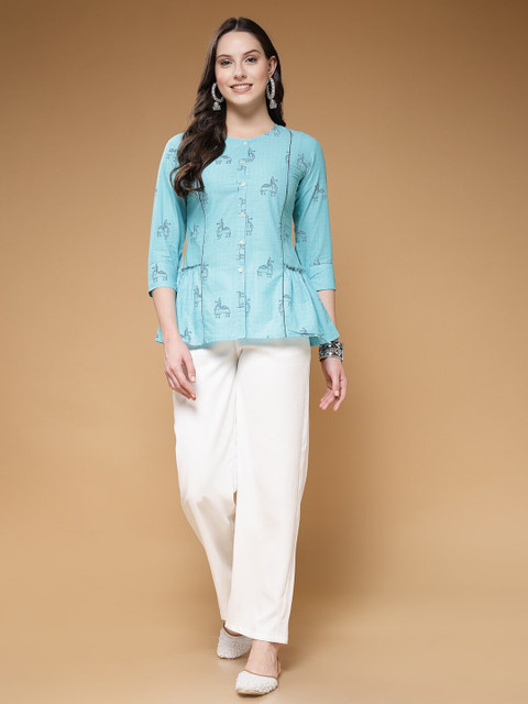 Indibelle Floral Printed Round Neck Cotton A-Line Top