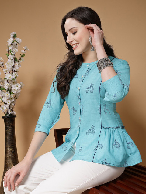 Indibelle Floral Printed Round Neck Cotton A-Line Top - Image 7