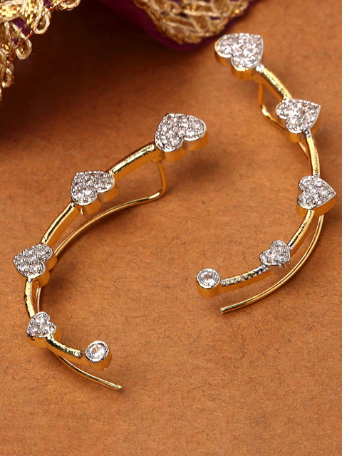 ZENEME Gold-Plated Cubic Zirconia Studded Embellished Heart Shaped Ear Cuffs Earrings