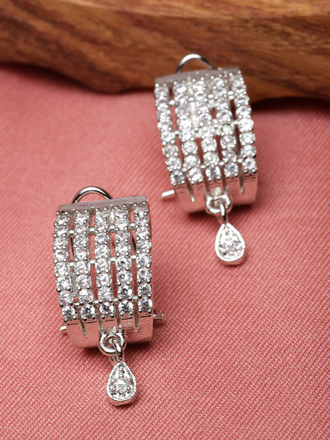 ZENEME Rhodium-Plated American Diamond Studded Teardrop Shaped Drop Earrings