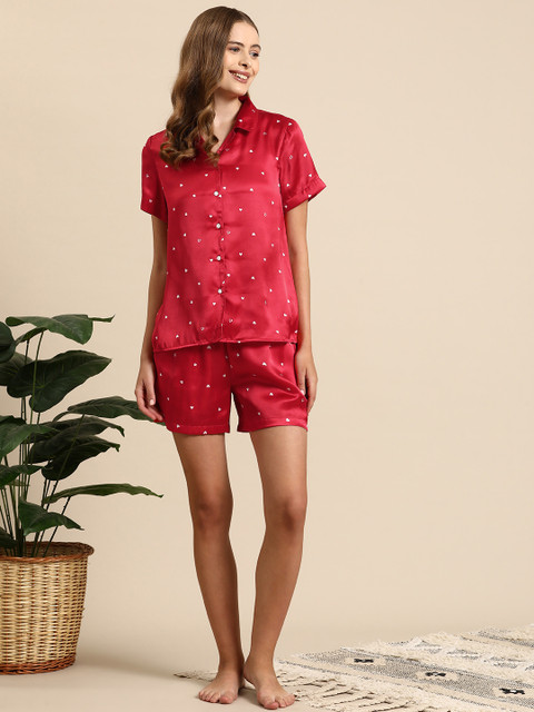 Mast & Harbour Women Conversational Printed Satin Night Suit