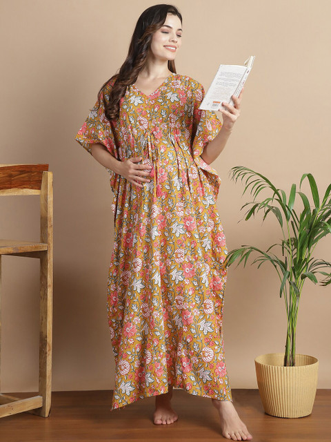 Secret Wish Floral Printed V-Neck Cotton Maternity Kaftan Dress - Image 5