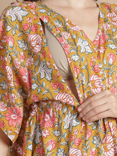 Secret Wish Floral Printed V-Neck Cotton Maternity Kaftan Dress - Image 7
