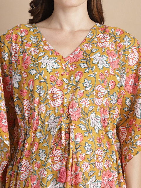Secret Wish Floral Printed V-Neck Cotton Maternity Kaftan Dress - Image 2