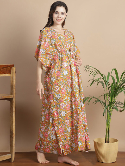Secret Wish Floral Printed V-Neck Cotton Maternity Kaftan Dress - Image 3
