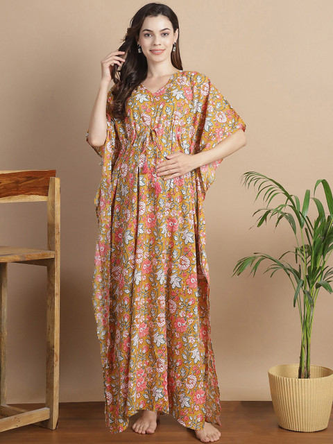 Secret Wish Floral Printed V-Neck Cotton Maternity Kaftan Dress