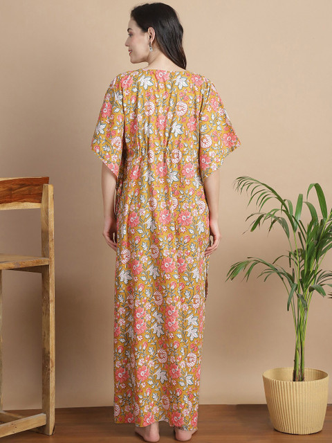 Secret Wish Floral Printed V-Neck Cotton Maternity Kaftan Dress - Image 4