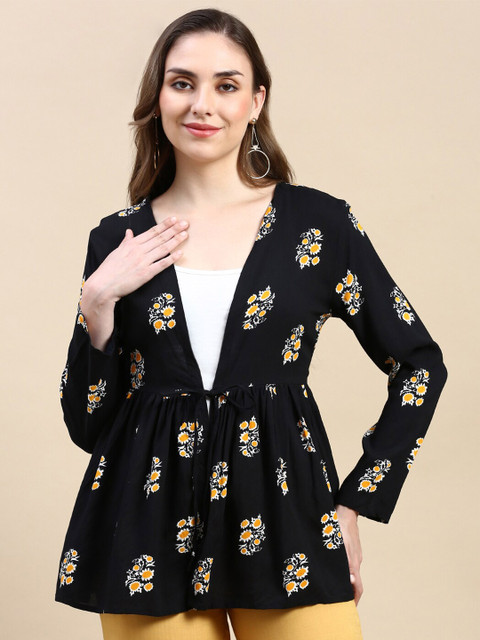 De Moza Ethnic Motifs Printed V-Neck Gathered Detailed Tie-Up Shrug