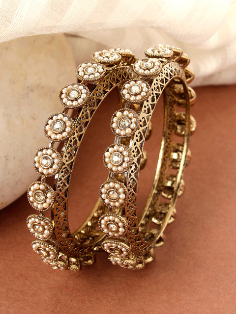 KARATCART Set of 2 Gold-Plated Pearl-Beaded Antique Bangles