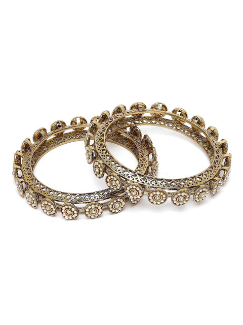 KARATCART Set of 2 Gold-Plated Pearl-Beaded Antique Bangles - Image 2