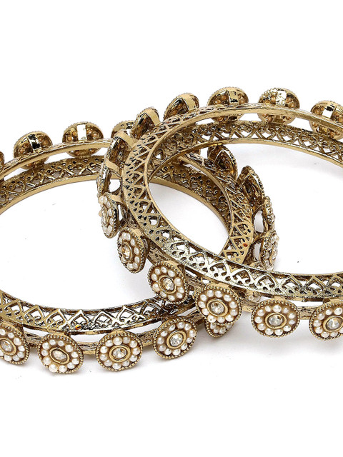 KARATCART Set of 2 Gold-Plated Pearl-Beaded Antique Bangles - Image 4