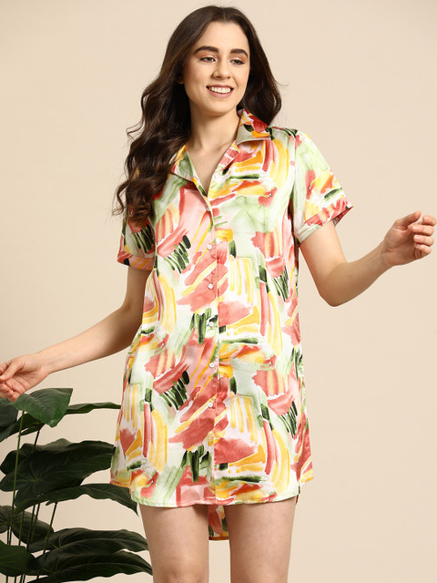 Mast & Harbour Abstract Printed Satin Shirt Nightdress