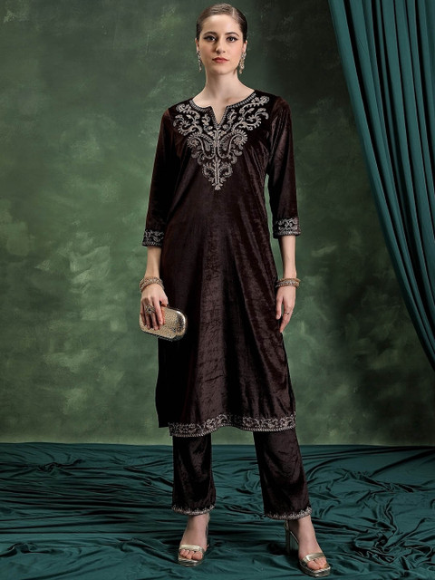 Vishudh Coffee Brown Floral Yoke Design Notch Neck Thread Work Straight Kurta
