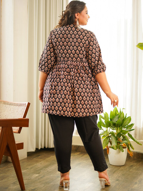 NANGALIA RUCHIRA PLus Size Printed Pure Cotton Peplum Top With Trouser Co-Ords - Image 4