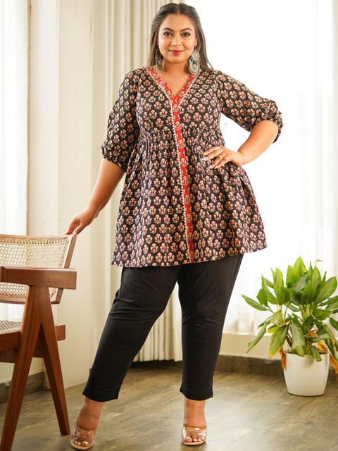 NANGALIA RUCHIRA PLus Size Printed Pure Cotton Peplum Top With Trouser Co-Ords - Image 6