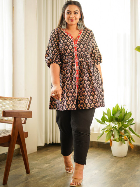 NANGALIA RUCHIRA PLus Size Printed Pure Cotton Peplum Top With Trouser Co-Ords