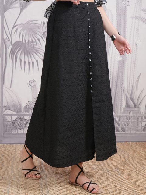 Vishudh Black Schiffli Gathered A-Line Midi Skirt - Image 2