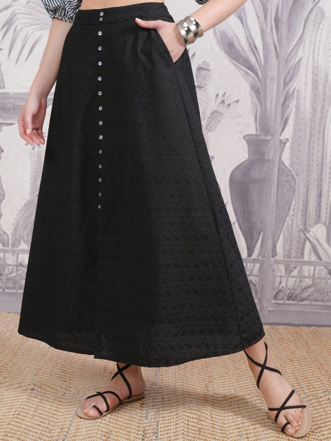 Vishudh Black Schiffli Gathered A-Line Midi Skirt - Image 3