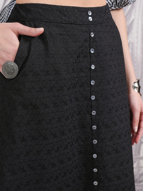 Vishudh Black Schiffli Gathered A-Line Midi Skirt - Image 6
